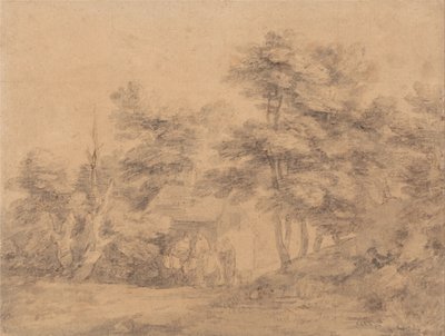 数字、ロバ、コテージのある緑豊かな風景 作： Thomas Gainsborough